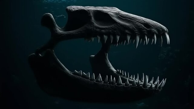 A hauntingly detailed depiction of a fossilized dinosaur skull submerged underwater, exuding a mysterious and ancient ambiance, suggesting prehistoric life and paleontological significance.
