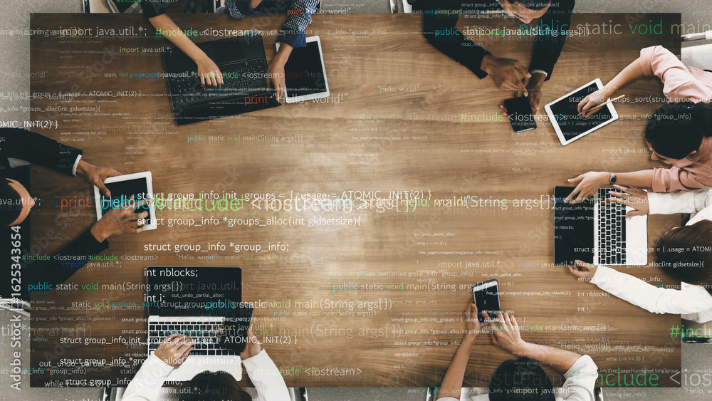 Aufkleber a modern workspace featuring diverse professionals collaborating on laptops and tablets, surrounded 