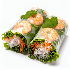 Vietnamese summer rolls showcasing fresh ingredients and vibrant shrimp on white background
