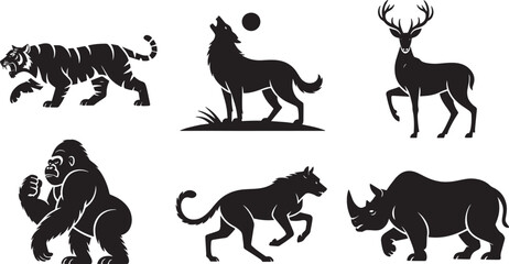 Naklejka premium Silhouette Wild Animal Collection Vector Art Illustration Featuring Tiger Wolf Deer Gorilla Rhino