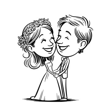 Wedding bliss couple caricature illustration: This charming monochrome illustration captures the essence of newlywed bliss.