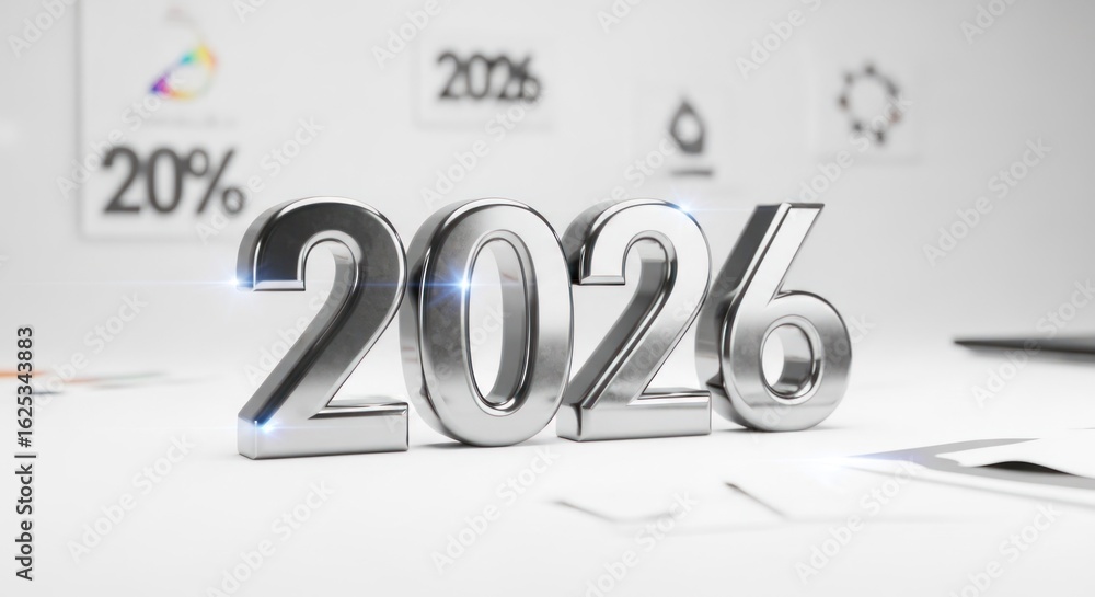 Poster metallic '2026' foreground with blurred graphs and documents background