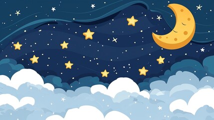 Fototapeta premium Celestial Whimsy: Charming Picture of Stars and Moon on White Cartoon Background – Round, Glowing Moon with a Smiling Face, Sparkling Star Clusters in Bright Yellows and Blues, Wispy Cloud Accents