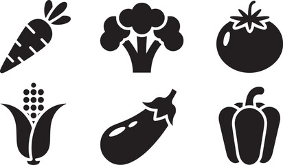 Vegetable Icons Vector Set: Carrot, Broccoli, Tomato, Corn, Eggplant, and Pepper Designs
