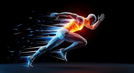 Digital illustration of a stylized male figure sprinting forward with motion blur and glowing orange and blue energy effects.