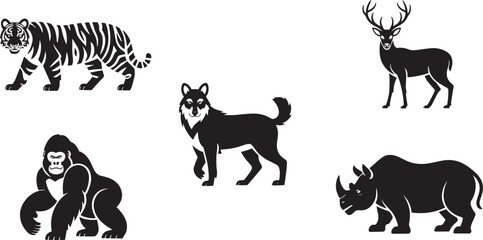 Wild Animals Silhouette Vector Illustration Featuring Tiger, Deer, Wolf, Gorilla, and Rhinoceros