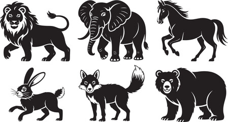 Wild Animals Silhouette Vector Collection Featuring Lion Elephant Horse Rabbit Fox and Bear