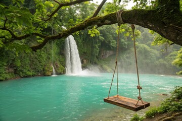 Scenic Swing Beside a Turquoise Waterfall in Lush Green Surroundings