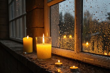 Warm Candlelight Glows Against Raindrops on a Window in a Cozy Setting
