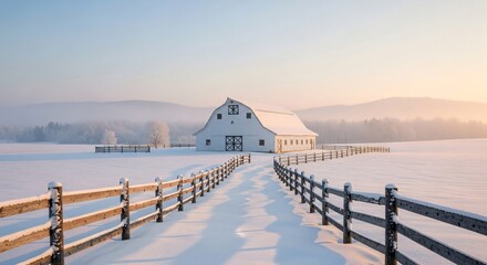 Serene white barn in a snowy landscape with wooden fence