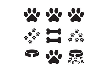 Collection of dog paw prints bones and food bowls in black and white graphic design
