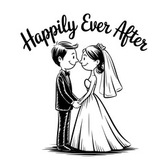 Obraz premium Romantic union and the promise of Happily Ever After through an illustration of a bride and groom, hand in hand and the text 'Happily Ever After'