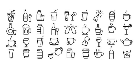 Line drawing icon set about drinks in monochrome vector