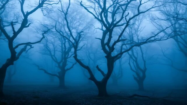 Eerie Foggy Forest at Dusk - Silhouetted, leafless trees stand in a dense forest shrouded by a thick blue fog.