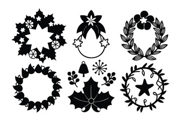 Christmas Wreath Designs and Festive Elements Black Silhouette Collection vector illustration
