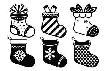 Six Black And White Christmas Stocking Designs With Various Patterns holiday decoration