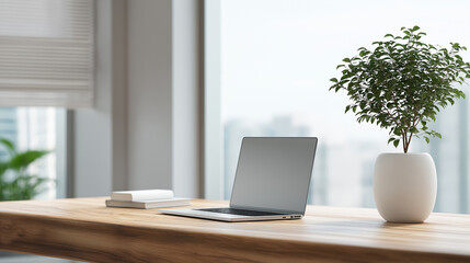 Fototapeta premium An elegant, minimalistic workspace with a sleek wooden desk, a modern laptop