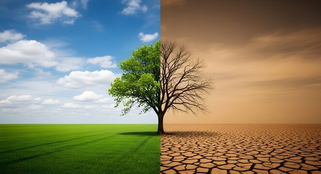 Climate change effects showing a tree half alive and half dead in a drought landscape image