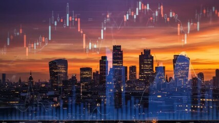 London Skyline at Sunset with Stock Market Data Overlay - A captivating cityscape of London at sunset, overlaid with dynamic stock market graphs and candlestick charts. - Powered by Adobe