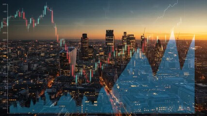 London Skyline at Sunset with Stock Market Overlay - An aerial view of London's cityscape at sunset, overlaid with dynamic stock market charts and graphs. - Powered by Adobe