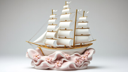Elegant porcelain sailboat on a wavy blush base, studio shot
