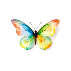 Fototapeta premium A colorful butterfly with watercolor wings displayed on a plain white background in a studio shot