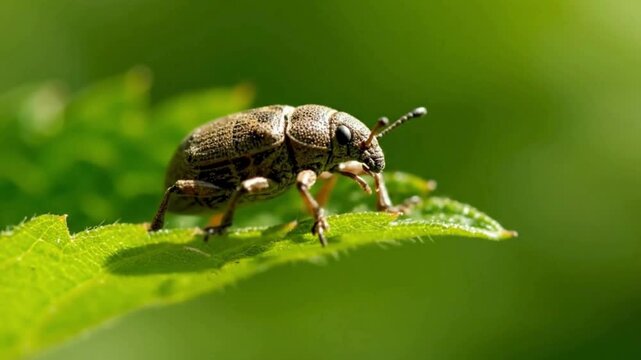 Detailed Weevil Close-Up: Brown Beetle on Vibrant Green Leaf in Natural Habitat