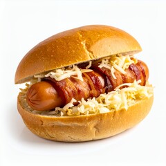 Savory bacon-wrapped frankfurter in soft bun with shredded garnish, appetizing snack on white background