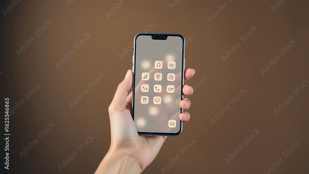 Wall mural A hand holding a smartphone displaying a custom icon layout against a brown background scene setup