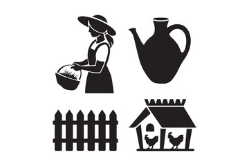 Farm life icons including a farmer woman with basket jug fence and chicken coop