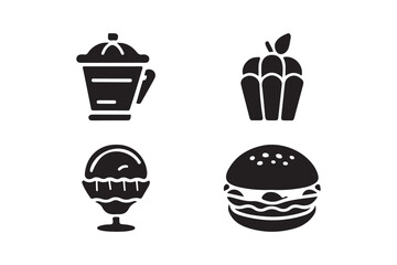 Collection of four black food and drink icons on a white background
