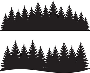 Fototapeta premium Black silhouette of evergreen trees against white background vector