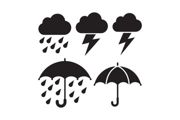 Set of black weather icons including rain clouds lightning and umbrellas