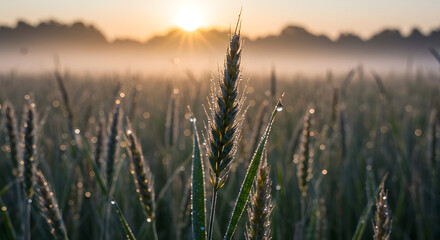 Fototapeta premium Serene Sunrise Over Dew-Kissed Wheat Field with Misty Horizon
