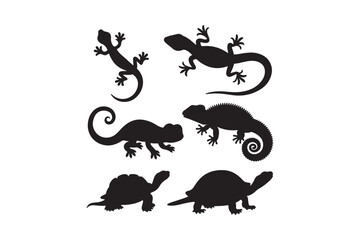 Collection of silhouettes of reptiles including lizards and turtles