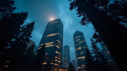 City skyscrapers pierce the twilight sky, framed by forest trees.