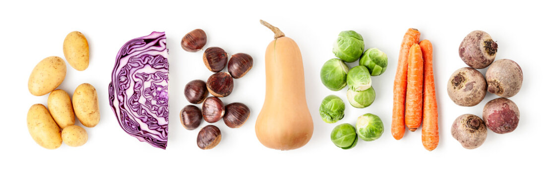 Banner with fresh autumn vegetables flat lay photography isolated on white background