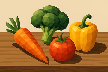Colorful geometric vegetables arranged on a wooden table for a modern kitchen display