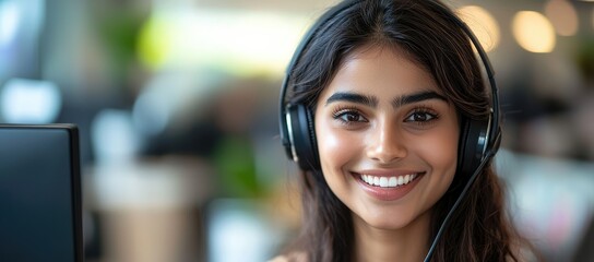 Smiling Indian woman with headset in call center office, representing customer service, support agent, communication, and professional workplace environment