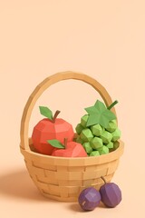 Colorful fruit basket with geometric shapes and textures on a soft background