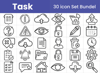 Task Icons: Streamlined 30-piece set of monochromatic, digital icons, expertly crafted for visual clarity in business and tech communications, ideal for user interfaces and infographics.