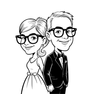 Caricature of a Happy Couple: A charming monochrome depiction of a smiling couple. It portrays happiness, affection, and the joy of togetherness, ideal for representing weddings or couple concepts.