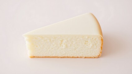 A simple shot of a triangular slice of cheesecake on a plain white background in a studio setting