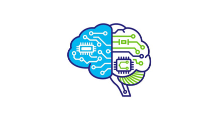 Illustration of a stylized brain with circuit board elements on a white background view from side