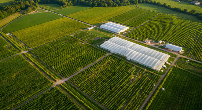 Aerial View of Green Agricultural Fields with Greenhouses in Rural Landscape