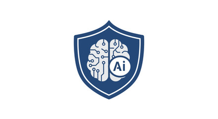A blue shield containing a brain with ai text representing artificial intelligence and security concept