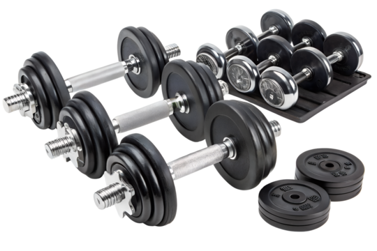 Collection of various dumbbells for fitness, isolated on a white background.