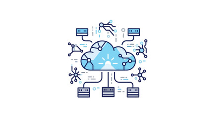Illustration of a stylized cloud connected to servers and network nodes in a modern design