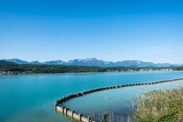 Wörthersee with Mountain Panorama Including Mittagskogel, Rosenkogel, Hahnkogel, and Schwarzkogel in Carinthia, Austria