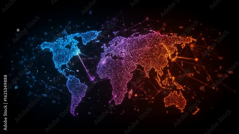 Poster global network connection - a stylized world map is depicted as a network of interconnected nodes, g
